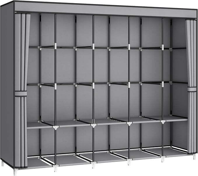 MOGELAFOO 83 Inch Wide Portable Closet Wardrobe, Clothes Storage Rack Organizer with Cover, 5 Clothes Hanging Rods and 10 Storage Shelves, Grey