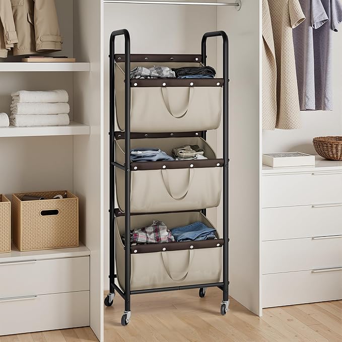 GRANNY SAYS 3 Tier Laundry Sorter, Laundry Basket with Wheels, Laundry Room Organization and Storage, 3 Section Rolling Laundry Cart for Dorm, Bathroom, Bedroom, Closet, Light Khaki
