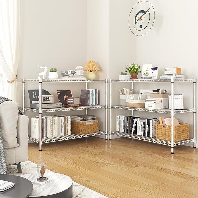 3- Shelf Metal Shelving Unit 35.6Wx14Dx36H,Adjustable Storage Shelves Heavy Duty Garage Steel Shelving for Office,Wire Rack Small Shelf for Kitchen Shelves Laundry Bathroom Pantry Closet,Chrome,2pc