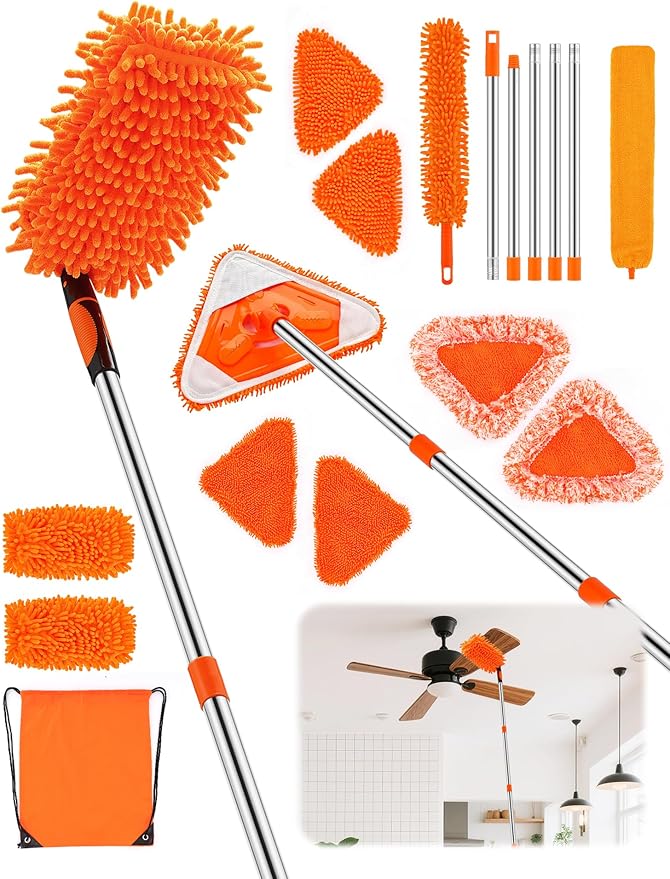 Ceiling Fan Cleaner Duster with 76" Extendable Long Handle,180° Wall Mop Cleaner for Walls/Ceiling Fans/Dust/Baseboards/Floors/Blade Blinds/dDoors Clean,Feather Duster Cleaning Kit