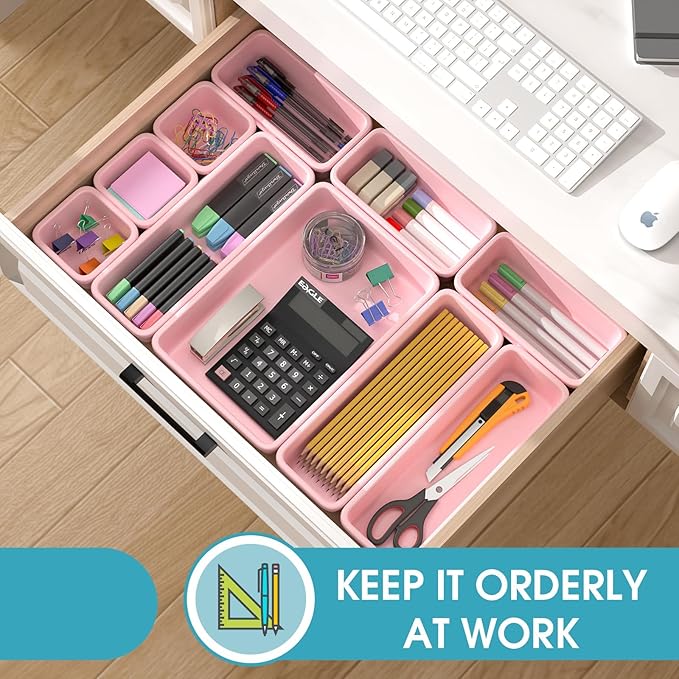 25 PCS Drawer Organizer Set, 4 Size Makeup Drawer Divider Organizer With Non-Slip Pads, Interlocking Plastic Storage Bins for Office,Jewelry Vanity,Gadgets, Bathroom,Kitchen, Pink