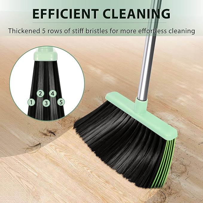 YZO Broom and Dustpan Set, 54.33 Inch Long Handle Standing Design, Dustpan Front Rubber Tight Seal, Broom with 5 Layer Bristles, Suitable for Living Room, Bedroom, Yard, Office and Apartment(Green)