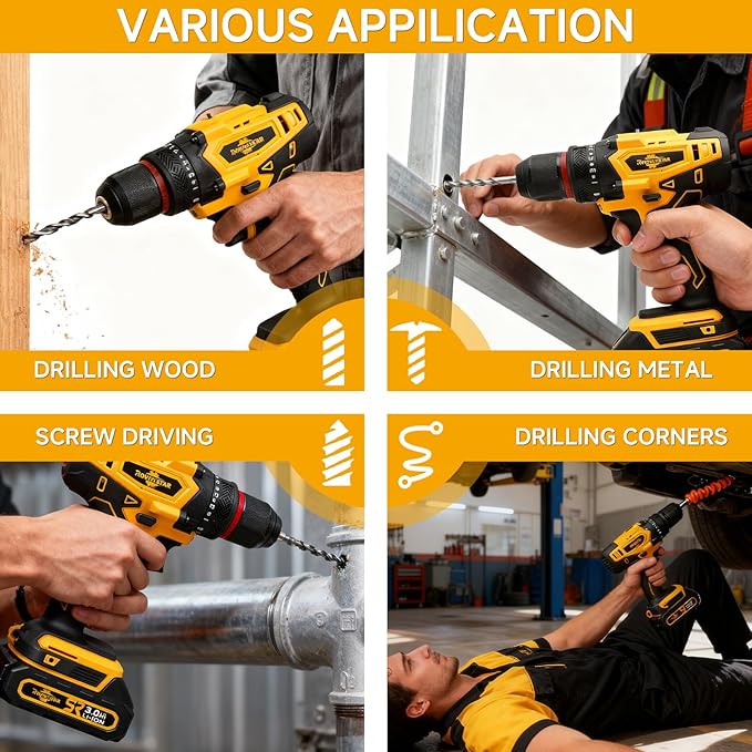 Cordless Drill Set with Battery and Charger,Power Drill Tool Set 20v,3/8-Inch Keyless Chuck,Variable Speed (Equipped with 2x 3Ah Batteries)