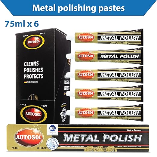 Autosol Metal Polish Pack of 6 x 75ml – Multipurpose Brass Chrome Polish Restores Shine and Prevents Tarnishing – Stainless Steel Polish Tarnish Remover – No Residue Metal Polishing Compound