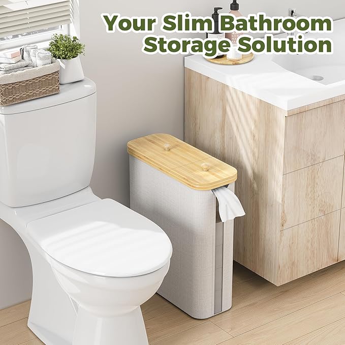 42L Toilet Paper Basket with Bamboo Lid, Toilet Paper Storage with Toilet Paper Holder & Non-Slip Mat for Bathroom Organizer, Holds up to 19 Regular Rolls or 14 Mega Rolls, Collapsible & Stackable
