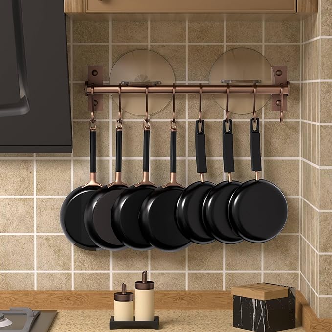 Dseap Kitchen Utensil Holder Hanger, Pot and Pan Rack Wall Mounted, Kitchen Rail with 8 Hooks for Hanging Cooking Utensils, Mugs, Spoons, Wall Mounted, Antique Copper New, Pack of 2