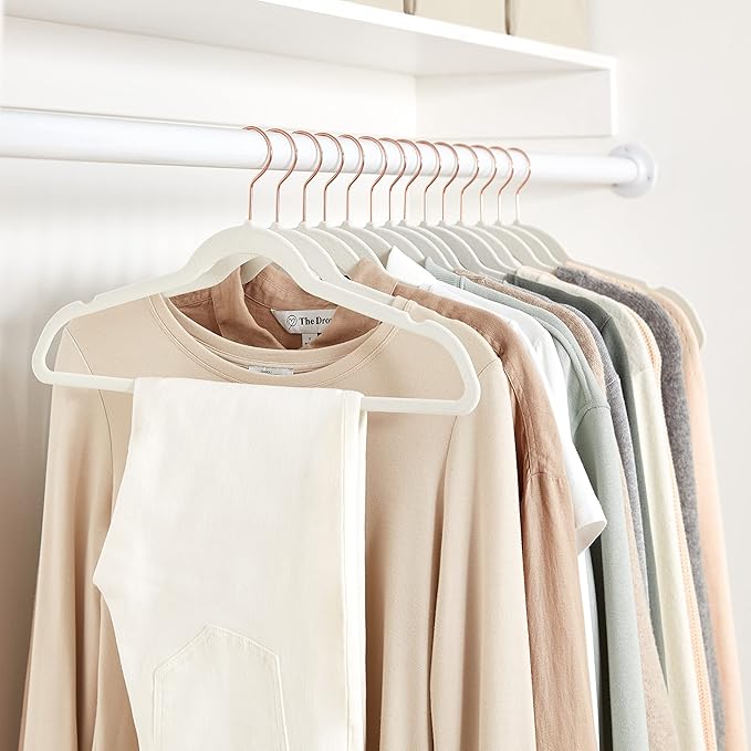 Amazon Basics Slim Velvet Non-Slip Space Saving Suit Clothes Hangers, Closet Organizer, Sturdy Construction, Ivory/Rose Gold, 50-Pack