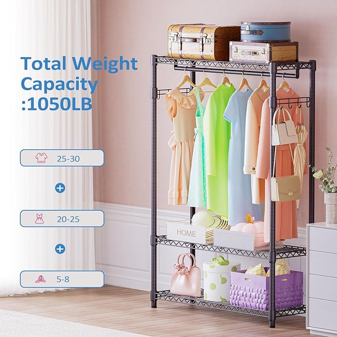 IZEUK Heavy Duty Rolling Garment Rack Wire Clothes Rack for Hanging Clothes (Dark Grey, 3 Tier with 1 Rod, 15.7" D x 45.3" W x 72.4" H)