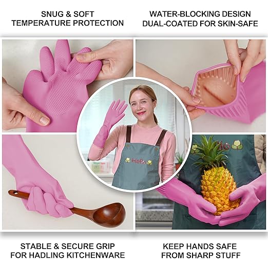 Mamison 2 Pairs Reusable Waterproof Household Dishwashing Cleaning Rubber Gloves, Non-Slip Kitchen Glove (Pink, Large (Pack of 3))