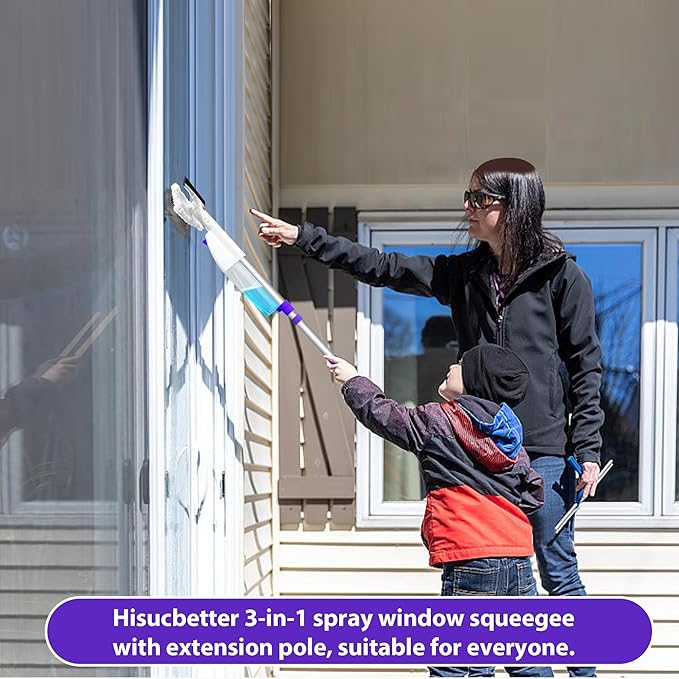 Spray Window Squeegee with 60" Extension Pole, Window Cleaning Squeegee Kit- 2-In-1 Squeegee Scrubber, 3 Microfiber Cleaning Pad&400ML Refill Bottle, Multi-Use Squeegee for Home Shower Car Windshield.