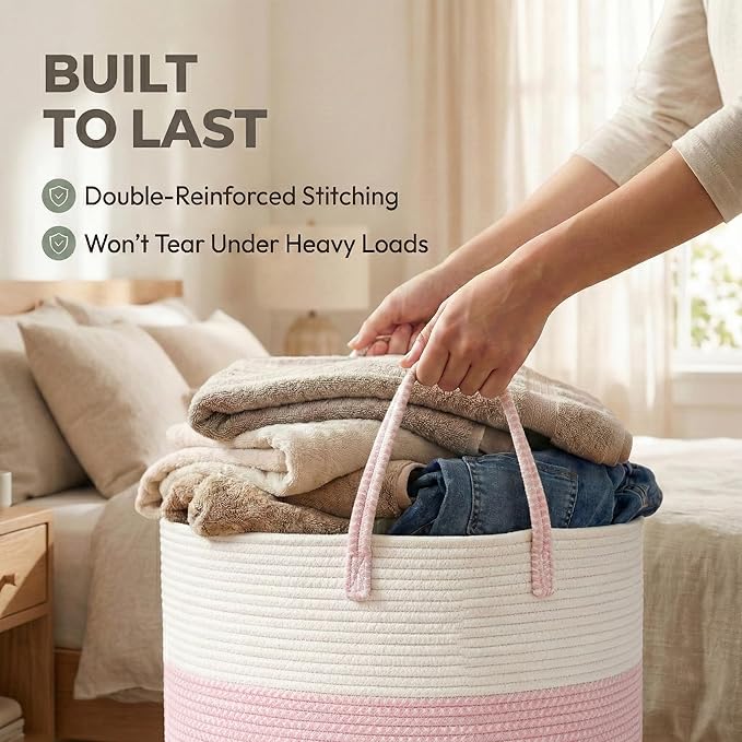 JMvicyroam 65L Extra Large Blanket Basket for Living Room - Woven Cotton Rope Laundry Hamper with Reinforced Handles - Storage Bin for Pillows, Comforters & Toys - Machine Washable,White&Pink