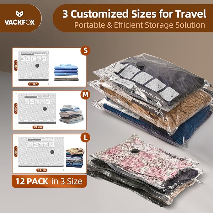 12 Pack Travel Vacuum Bags for Clothing,Compression Seal Packing Cubes for Suitcase Backpack,Vacuum Seal Bags for Clothing,Carry-on Size Space Saver Storage Bags 80% for Travel & Home(No pump)