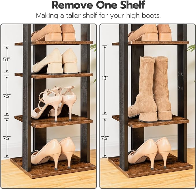 HOOBRO 8 Tiers Vertical Shoe Rack, Wooden Shoe Storage Organizer with Hooks, Narrow Shoe Tower for 8 Pairs, Space Saving, for Entryway, Living Room, Bedroom, Rustic Brown BF07XJ01G1