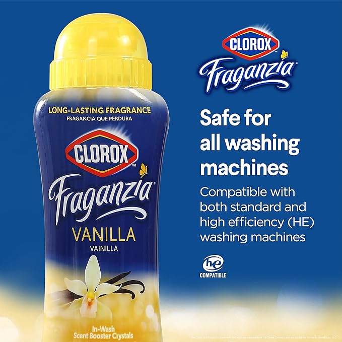 Clorox Fraganzia Laundry Scent Booster Crystals, In-Wash Fragrance Beads for Fresh-Smelling Clothes & Linens, Safe for All Fabrics & Colors, Easy-Pour Bottle, Vanilla Scent, 18 Oz, 2 Pack