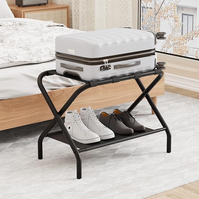 Smuxee Black Luggage Rack, Foldable Suitcase Stand with Fabric Storage Shelf, Luggage Holder with 4 Nylon Straps for Guest Room Bedroom Hotel