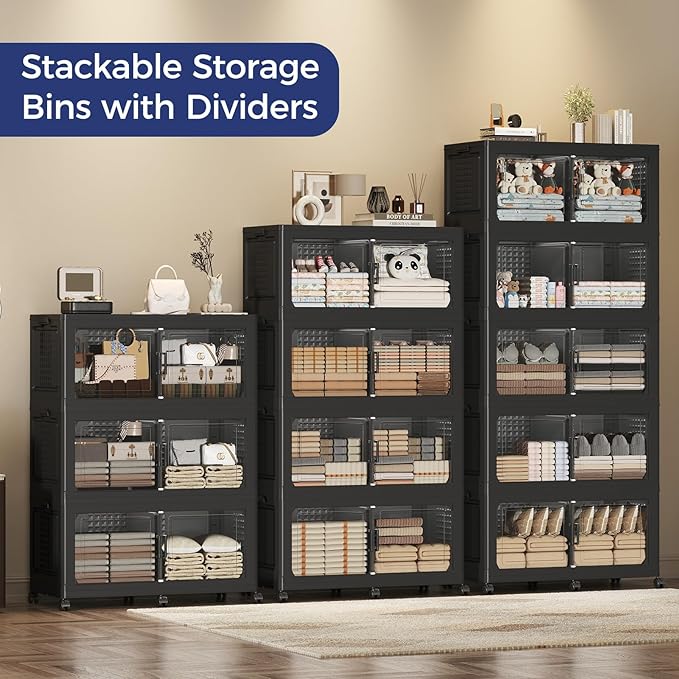 200GAL Extra Large Storage Bins with Lid, 800Qt Stackable Closet Organizers and Drawers, Collapsible Storage Bins with Wheels, Folding Containers for Home, Kitchen Office, 4Pack Black