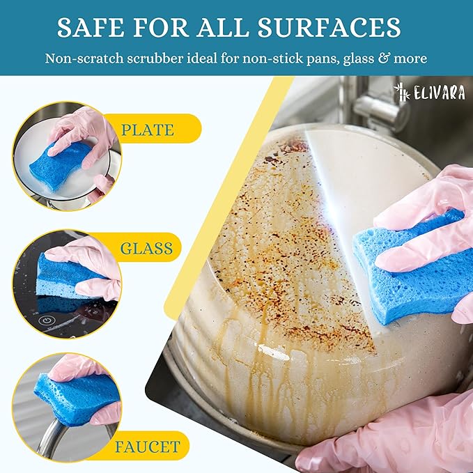 Kitchen Sponges – 12 Pack – Non-Scratch Dual-Sided Cellulose Scrub Sponges for Dishes, Pots, and Pans – Durable, Absorbent, and Reusable (Dark Blue/Light Blue)