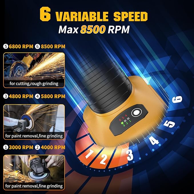 Angle Grinder 4-1/2" Brushless for Dewalt 20V Battery, 6 Variable Speed Power Grinder, Cordless Angle Grinder Power Tools For Cutting Grinding Polishing (Tool Only)