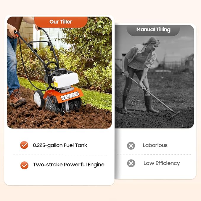 Rototiller Gas Powered, 43CC 2-Cycle Garden Tiller, Mini Tiller for Gardening with 4 Steel Adjustable Front Tines for Lawn, Garden and Field Soil Cultivation, Furrowing