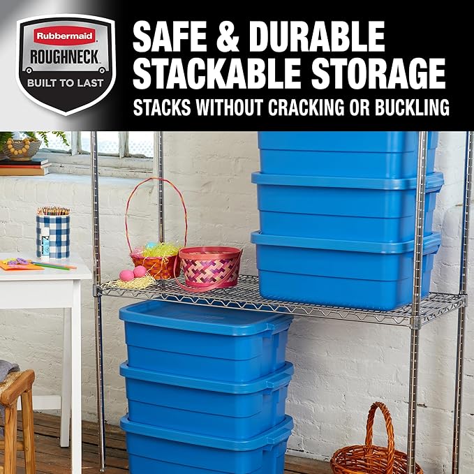 Rubbermaid Roughneck Tote 10 Gal, 6 Pack, Made in USA, Heritage Blue, Rugged Plastic Stackable Storage Bins with Lids and Handles