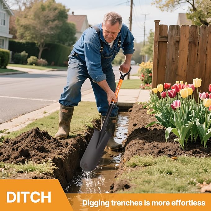 45-Inch Heavy Duty Orange Fiberglass Handle Drain Spade Shovel.Sharp Shooter Digging Shovel for Gardening,Planting and Trenching.Durable Spade Shovel for Heavy Duty Digging and Drainage