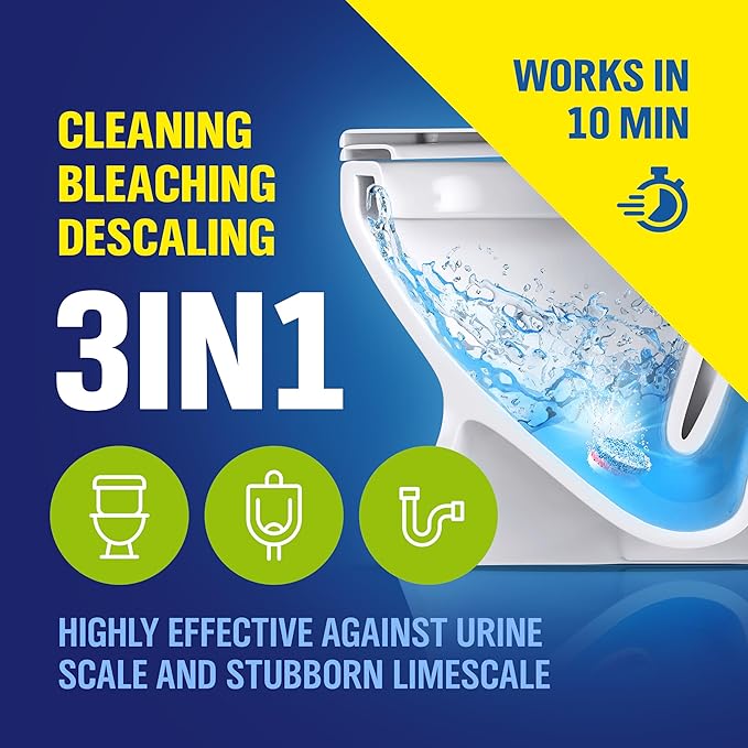 WoldoClean 3in1 Toilet Bowl Cleaner Tablets 35 Uses - Automatic Tank & Bowl Descaler, Heavy Duty Limescale & Hard Water Stain Remover, Eucalyptus Scent, No Blue Water Dye