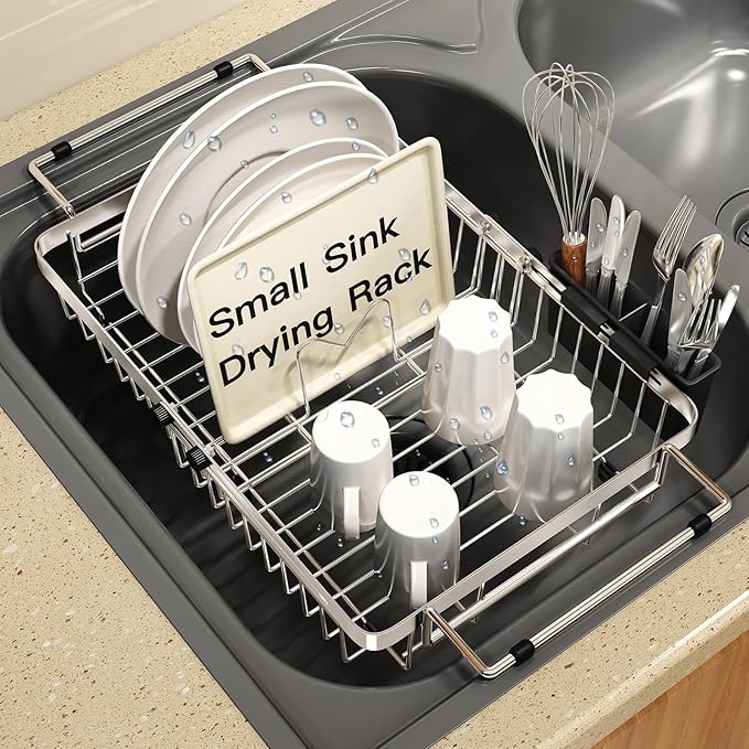 Small Expandable Over The Sink Dish Drying Rack Drainer In Stainless Steel Metal For Kitchen, Counter Space Saving Compact Above Plate Dryer Strainer, Adjustable Hanging Inside Sink Wire Drain Holder