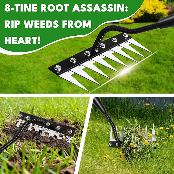 Iron Weeding Rake with Handle 2.0, Upgraded 8 Teeths Garden Weed Puller Tool Heavy Duty Gardening Tool for Lawn, Flower Beds & Soil Aeration