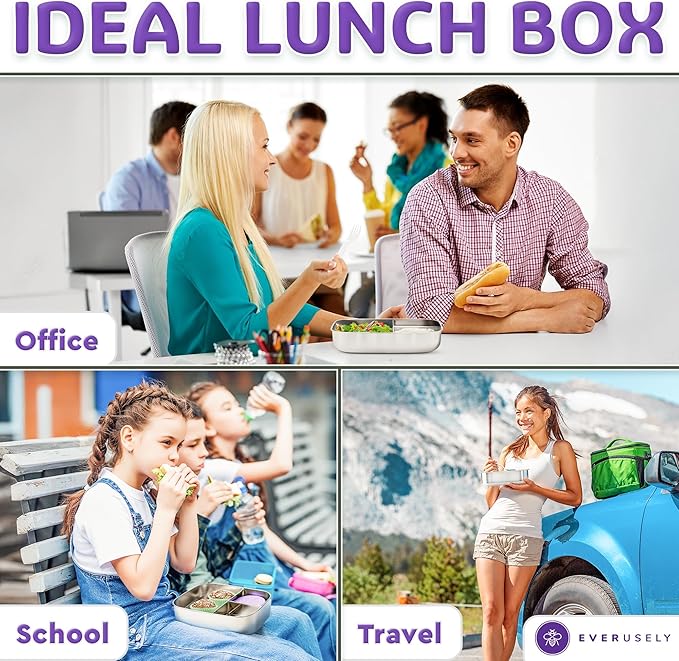 Everusely - Bento Box - Lavender, 60oz / 1.8 L - Extra Large Stainless Steel Lunch Box + Leakproof Condiment Container - 3 Compartment Snack Organizer for On the Go Meals - Freezer & Dishwasher Safe
