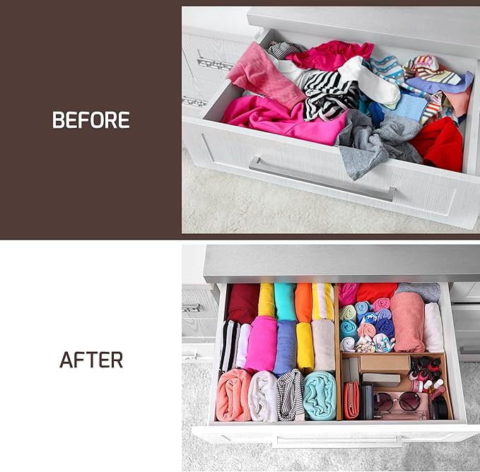 6 Pack Drawer Dividers 6 Inch High, 11”-17" Adjustable Bamboo Organizers Large Expandable Drawer Separators for Cloths, Dresser, Bedroom, Bathroom, Baby Drawer, Office & Kitchen Utensils (Natural)