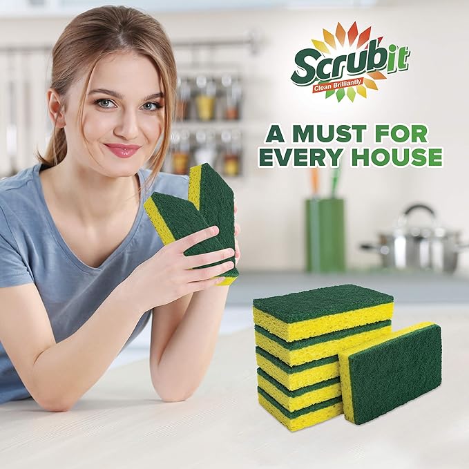 SCRUBIT Heavy Duty Scrub Sponge - Made from Tough Cellulose - Eco Friendly - Lasts for Months of Heavy Duty Kitchen Cleaning (12 Pack)