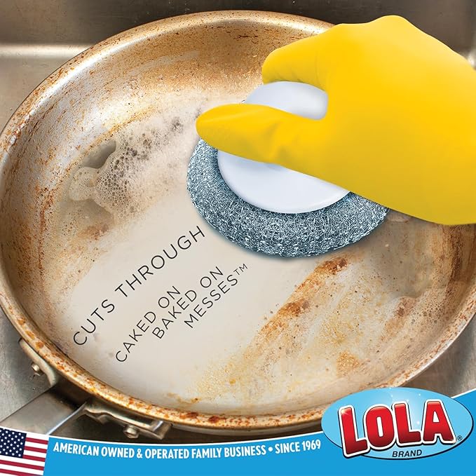 LOLA Steel Wool Wire Mesh Scouring Pad w/Hand Saver Knob, Heavy Duty, Galvanized Steel Wire, Abrasive, for Pots, Pans, Ovens, Grills - 1 Pack