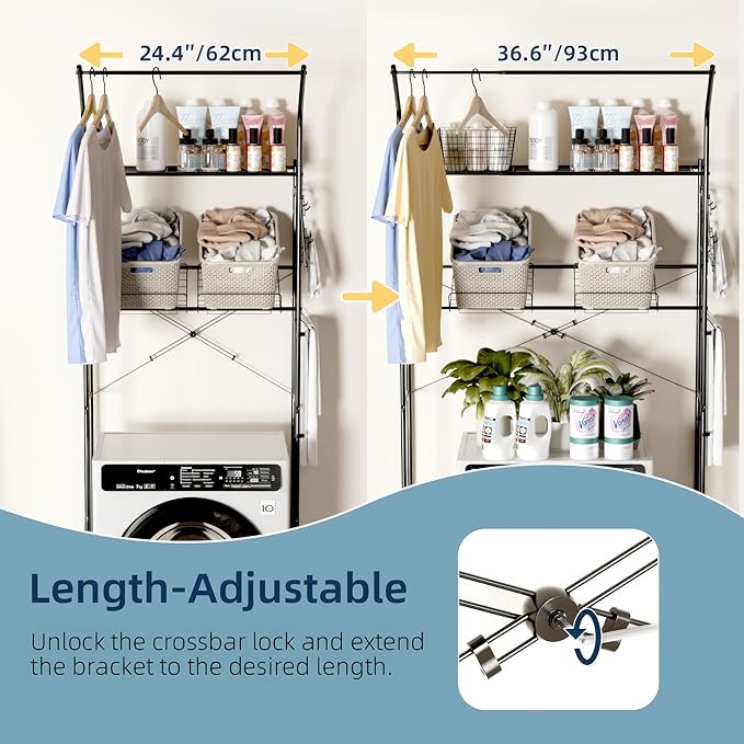 Laundry Room Storage Shelf, 2 Tier Metal Over Washer and Dryer Shelves, Washing Machine Shelf with Hanger Rods & Hooks, Expandable Bathroom Space Saver Shelf, 26–36.8" L x 18.3" W x 73.8" H, Black