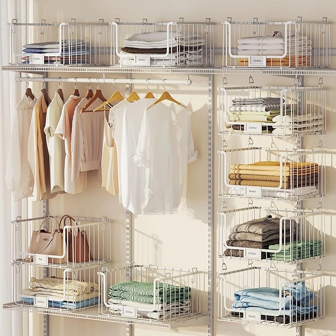 3-Pack Hanging Laundry Organizer, Stackable Wire Shelf Storage with Label Cards, Foldable Metal Baskets with 360 Rotating Hooks, Space-Saving for Laundry Room, Closet & Pantry, 11"15" Large, White