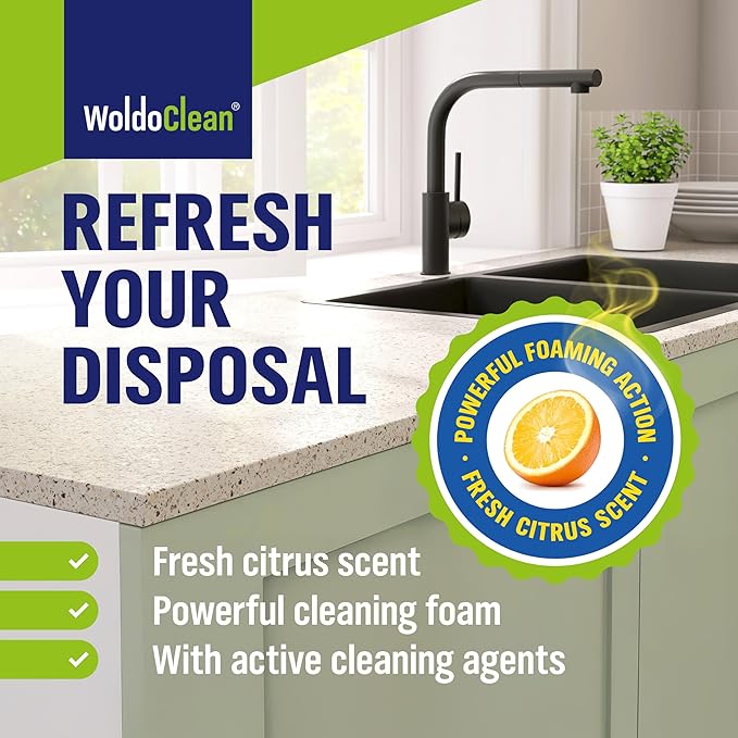 WoldoClean Garbage Disposal Cleaner and Deodorizer Tablets - 24 Pack, Foaming Sink Drain Cleaner & Odor Eliminator, Fresh Citrus Scent, 1 Year Kitchen Cleaning Supply