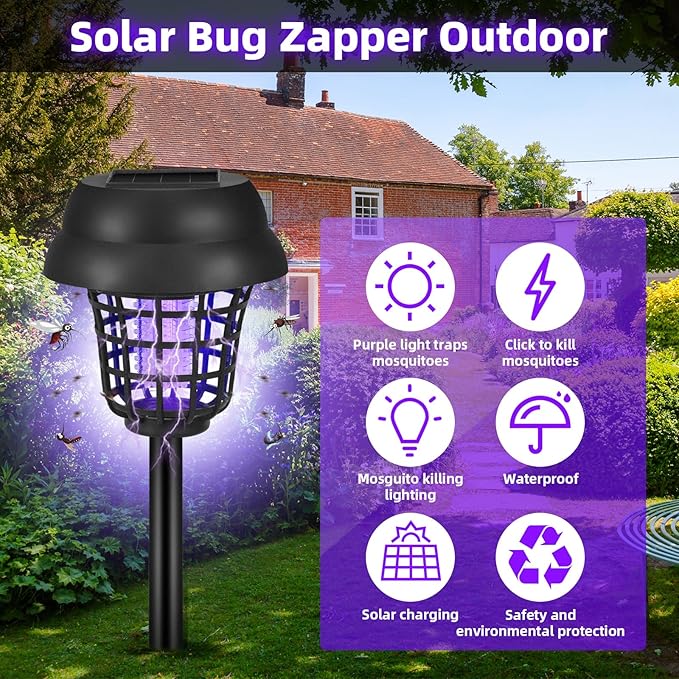 Solar Bug Zapper Outdoor Waterproof Solar Powered Mosquito Zapper Repellent Outdoor Patio,Cordless & Auto On/Off Small Fly Insect Zappers for Garden Backyard Gnat Bug Lamp for Outside,Pack of 4