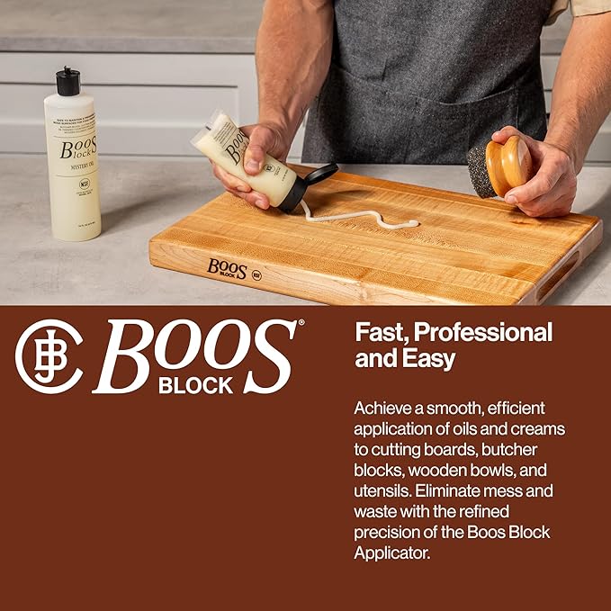 John Boos 3-Piece All-Natural Care & Maintenance Set - 16 oz Mystery Oil, 5 oz Board Cream & Round Applicator for Butcher Blocks, Cutting Boards, Wood Countertops, and Wooden Utensils