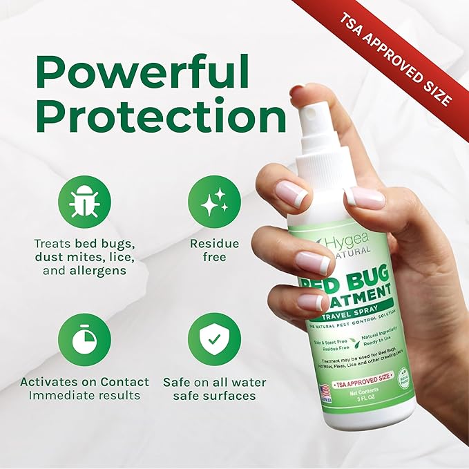 Hygea Natural Lice, Mite, and Bed Bug Natural Travel Spray- TSA Approved 3 oz Size Bottles, Child & Pet friendly, Stain & Odor Free, For Hotels, Suitcase, Backpack, Shoes, Bed Bug Spray (2 Pack)