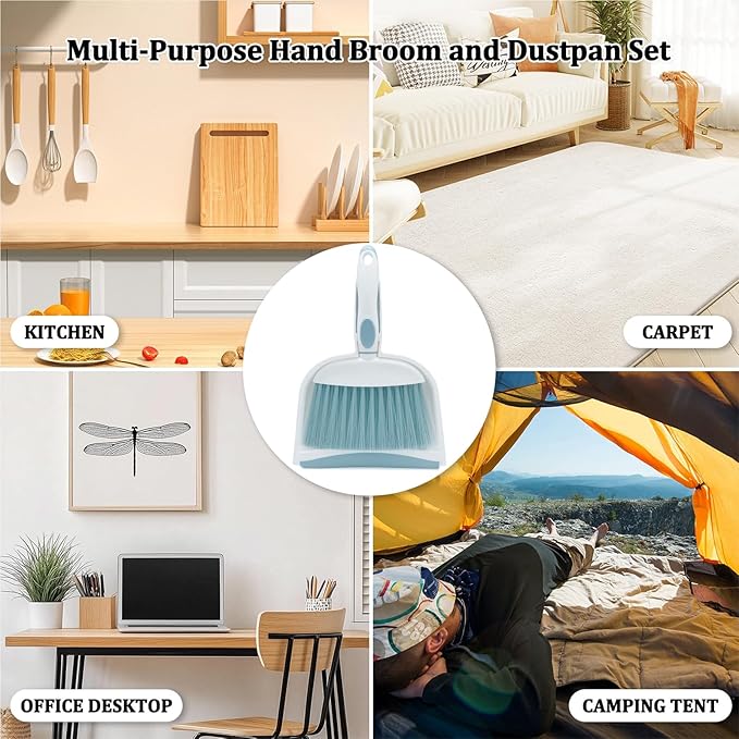 Broom Dustpan Brush Small Dust pan: Small Broom and Dustpan Set Mini Dust pan and Brush Set for Desk, Home, Camping Tent. (Light Blue)