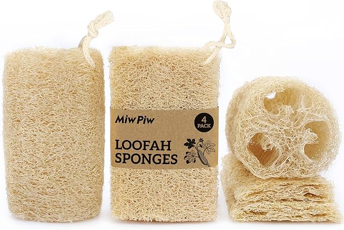 Natural Loofah Sponge (Pack 4) - Exfoliating Body for Bath or Dish Scrubber for Kitchen - 100% Biodegradable Compostable Zero Waste Dishwashing Scouring Pad