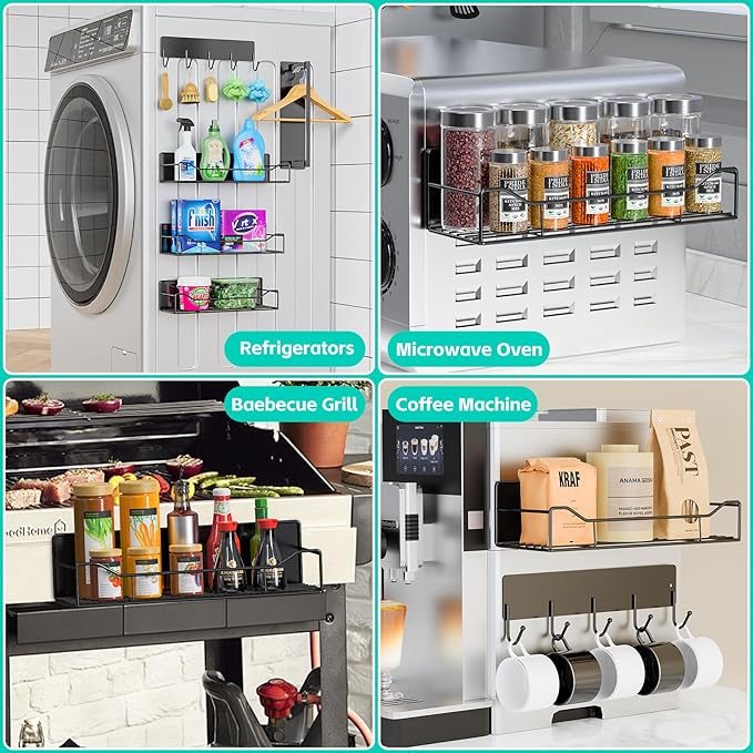 5 Pack Multifunctional Magnetic Shelves for Refrigerator Spice Rack & Washing Machine Organize, Include Towel Rack, Kitchen Utensil Hanger and Hooks, Strong Magnet for Secure Hold (Line style, Black)