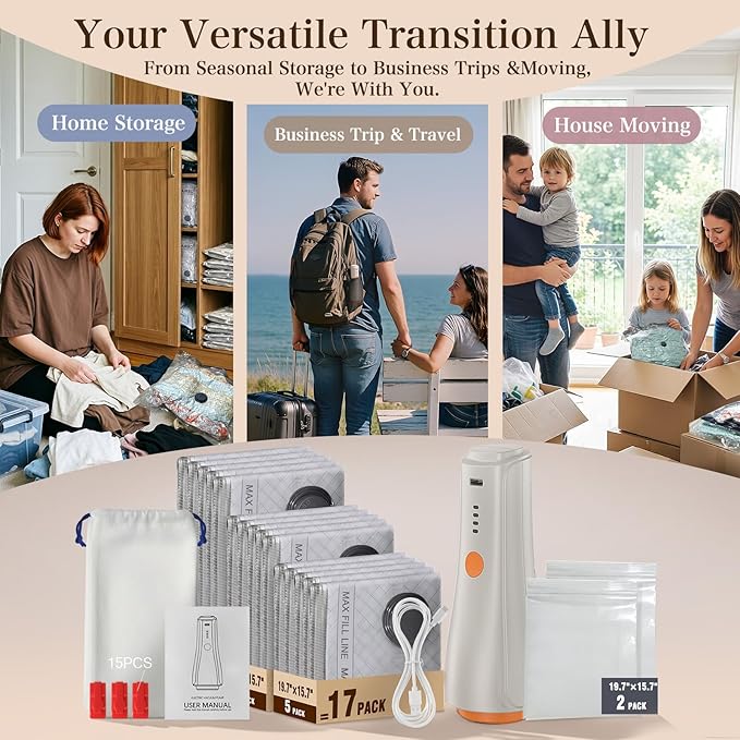 QcoQce Vacuum Storage Bags with Rechargeable Electric Pump, Space Saver Bags for Travel, Vacuum Seal Bags for Clothing, Bedding, Seasonal Storage, Compression Packing Bags for Suitcase