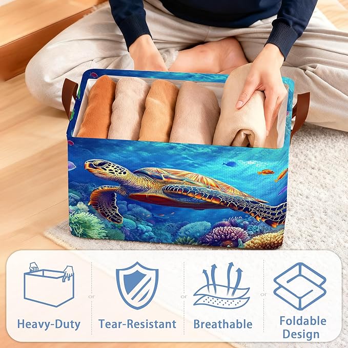 SeaTurtle Storage Basket with Handles,Ocean Coral Collapsible Rectangle Organizer Bin for Room Decoration Books Box Baskets 17x11.5x10Inch
