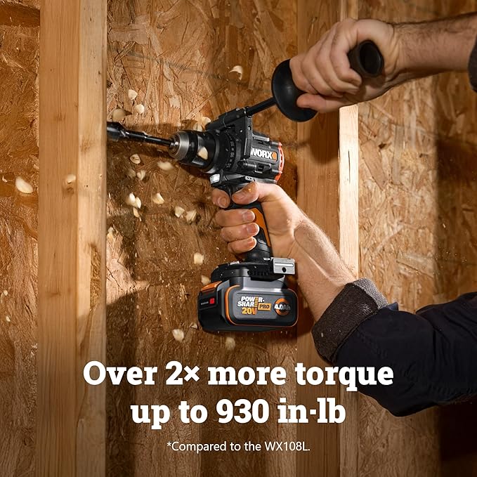 WORX Cordless Drill Driver, 20V 930 in·lbs Brushless Power Drill Driver, Powerful and Faster Drilling and Driving, Compact 6.3" length, 20V 4.0 Ah Battery and Charger Included, PowerShare