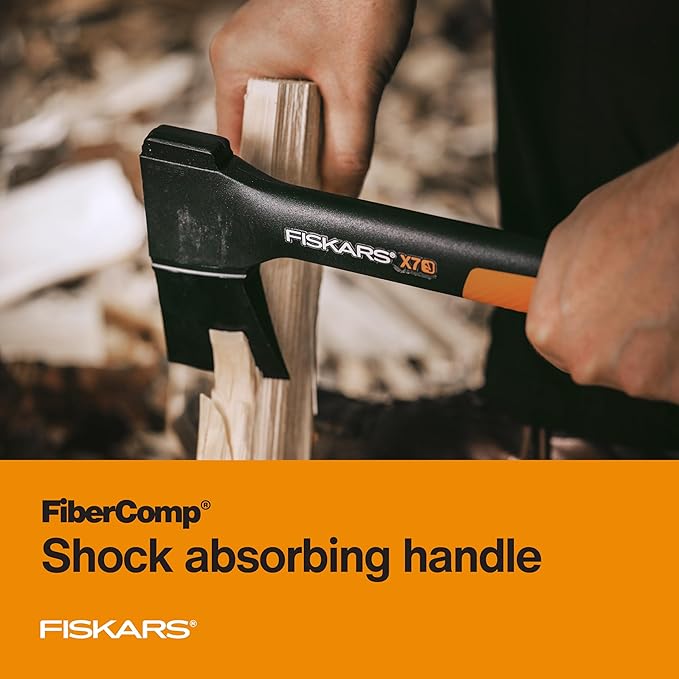 Fiskars X7 Small 14" Hatchet Axe with Sheath for Chopping Wood Kindling for Campfires while Outdoors & Camping, Insert-Molded Forged Steel Head, Low-Friction Blade, Shock Absorbing Handle & Non-Slip Grip