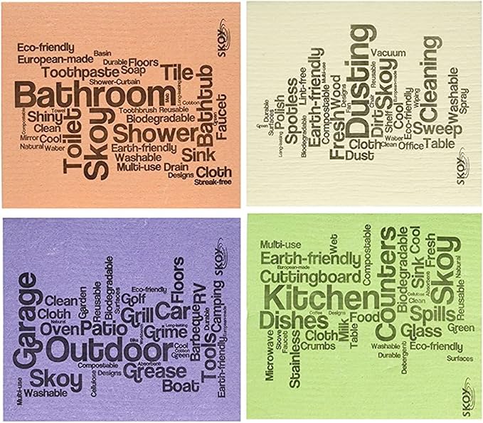 Skoy Cloth, 4-Pack Versatile Swedish Dishcloths for Kitchen and Household Use, Reusable Cleaning Cloths, Planet-Friendly, Dishwasher and Dryer-Safe, Assorted Colors