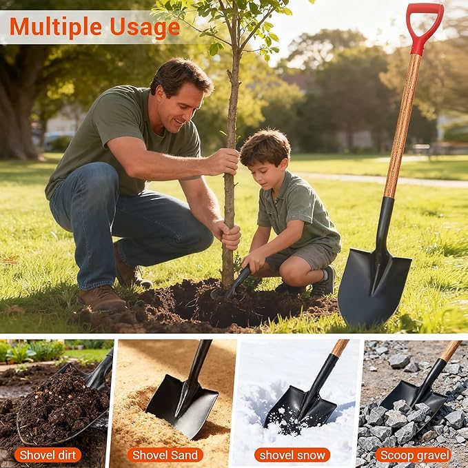 41" Round Shovel, Garden Tool with D-Handle, Shovel for Digging, Wooden Handel Garden Shovel,Beach Shovel, Car Snow Shovel