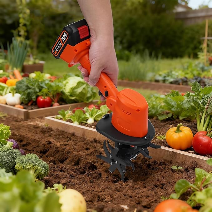 Cordless Mini Tiller Cultivator, 21V Electric Handheld Tiller for Gardening, Lightweight Soil Ripper Garden Tool with 1500mAh Battery & 10cm Tilling Width, Orange ABS Body, Ideal for Home Lawn, Yard