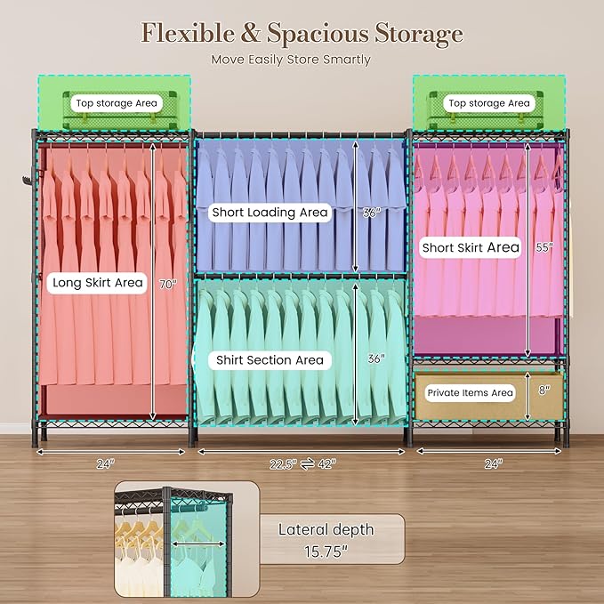 Golpart Coat Rack Clothes Wardrobe：Closet Organizer and Storage Clothing Garment Rack with Shelves Heavy Duty for Hanging Clothes Portable Adjustable Black 15.8" DX69 WX76.5 H