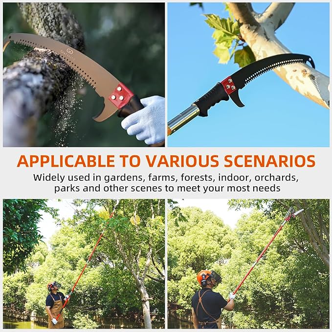Manual Pole Saw for Tree Trimming, 27 FT Manual tree purner with 8 Fiberglass Handles, Sharp steel Blade and Scissors, Easy to Carry and Extendable Design for Tree Maintenance, Orange
